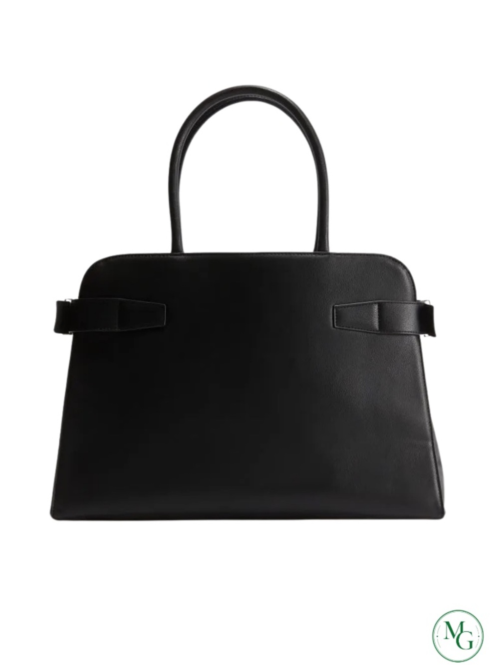 H&M Black Faux Leather Shopper Tote Bag Side Belt Buckle Gold Hardware